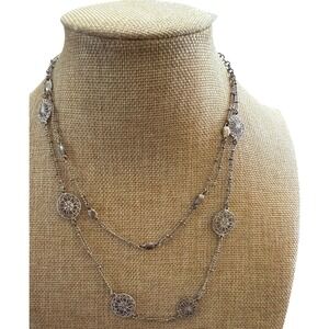 Silver Tone Double Strand Filigree Medallion Long Station Necklace Boho Layering
